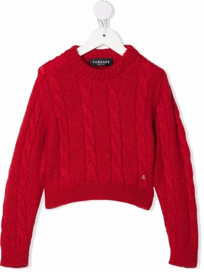 Shop Versace Cable-knit Rib-trimmed Jumper In Red