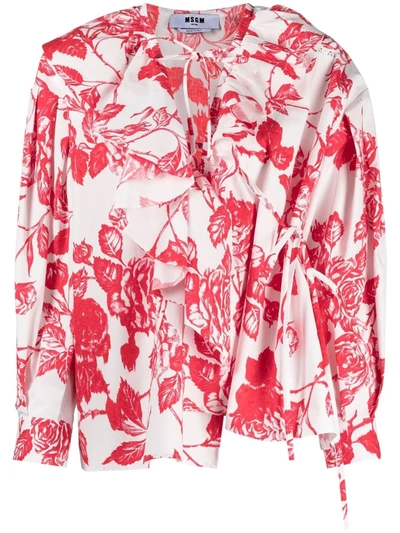 Shop Msgm Floral-print Ruffled Wrap Blouse In White