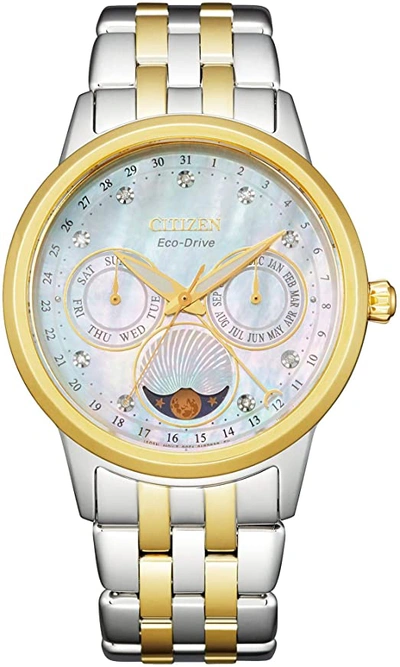 Shop Citizen Eco-drive Calendrier Chronograph Diamond Ladies Watch Fd0004-51d In Two Tone  / Gold Tone / Mother Of Pearl / Yellow
