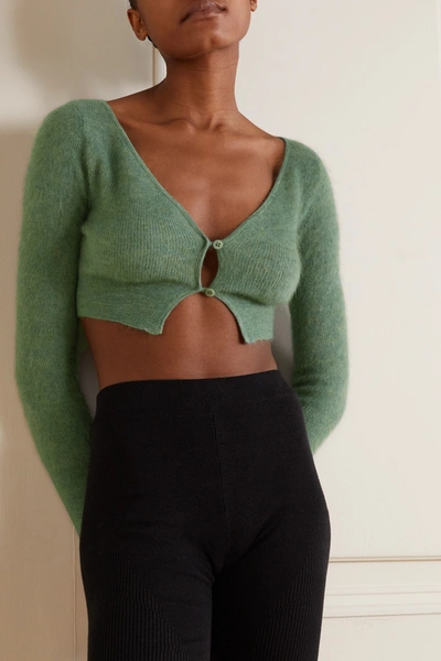 Jacquemus Pralù Cropped Embellished Ribbed-knit Cardigan In Green | ModeSens