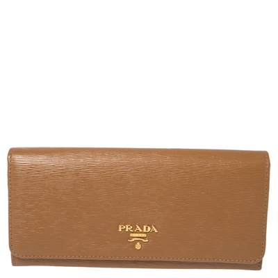 Pre-owned Prada Tan Vitello Move Leather Logo Flap Continental Wallet