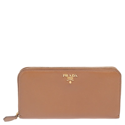 Pre-owned Prada Tan Saffiano Lux Leather Zip Around Wallet