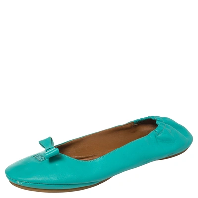 Pre-owned Fendi Turquoise Leather Bow Scrunch Ballet Flats Size 40 In Green