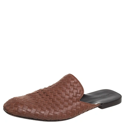 Pre-owned Bottega Veneta Brown Intrecciato Leather Slide Sandals Size 43