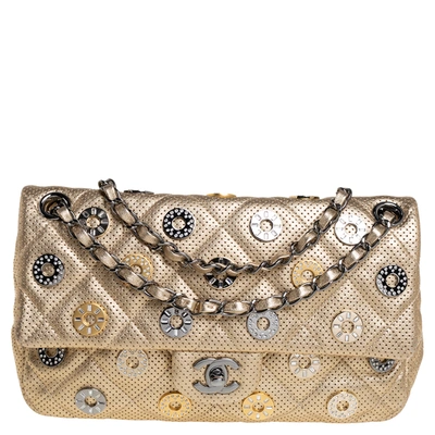 Pre-owned Chanel Gold Perforated Leather Paris Dubai Medals Flap Bag