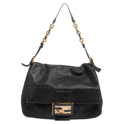 Pre-owned Fendi Black Iridescent Leather Mama Forever Large Flap Shoulder Bag