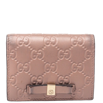 Pre-owned Gucci Ssima Leather Bow Card Case In Pink