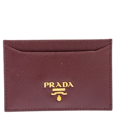 Pre-owned Prada Burgundy Saffiano Lux Leather Card Holder