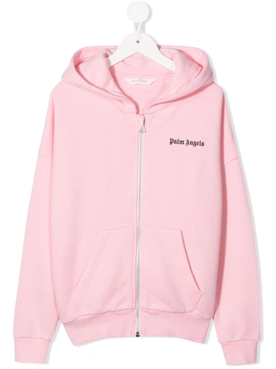 Palm Angels Kids Pink Hoodie With Zip And Contrasting Logo In Fuchsia |  ModeSens