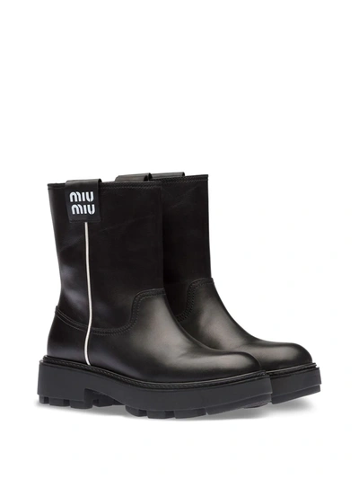 Shop Miu Miu Logo-patch Ankle Boots In Argento