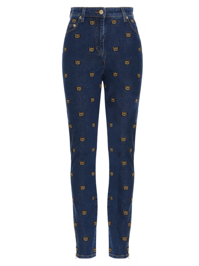 Shop Moschino Allover Teddy Embroidered Skinny Jeans In Blue