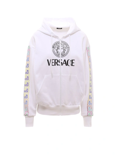 Shop Versace Logo Printed Drawstring Hoodie In White