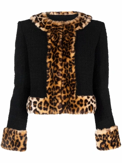Shop Moschino Leopard-print Faux Fur-trimmed Jacket In Schwarz