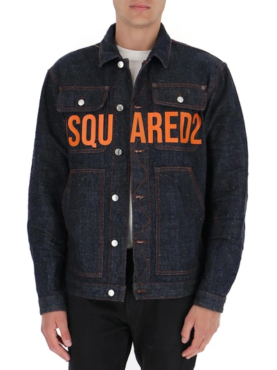 Shop Dsquared2 Logo Printed Denim Buttoned Jacket In Navy