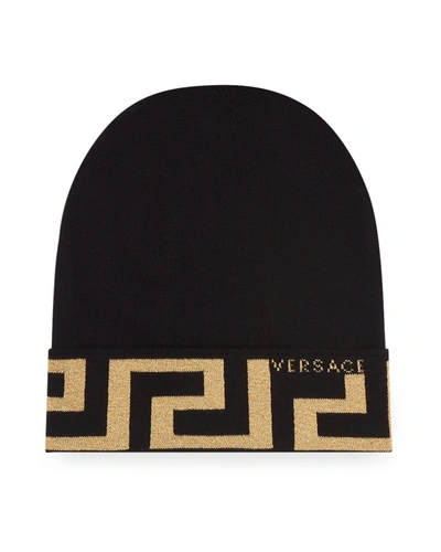 Shop Versace Greca Knit Beanie Hat In Blackgold