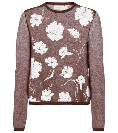 Shop Tory Burch Embroidered Crewneck Sweater In Brown