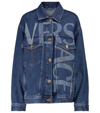 Shop Versace Logo Printed Denim Jacket In Blue