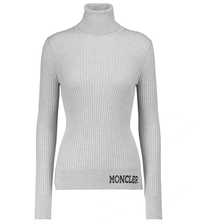Shop Moncler Ribbed Wool Turtleneck Sweater In Grey