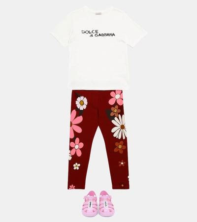 Shop Dolce & Gabbana Floral Stretch-cotton Leggings In Red