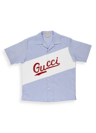 Shop Gucci Kids Logo Script Oxford Short Sleeve Shirt In Blue