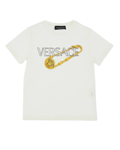 Shop Versace Boy's Safety Pin Logo T-shirt In White Gold