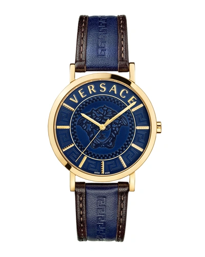 Shop Versace Men's 40mm Medusa/greca Leather Watch In Blue