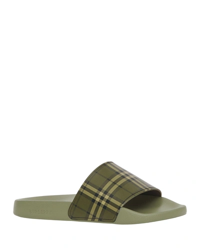 Shop Burberry Furley Vintage Check Slide Sandals In Military Green Ip