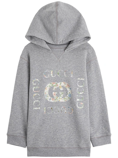 Shop Gucci Kids Floral Logo Printed Hoodie In Grey
