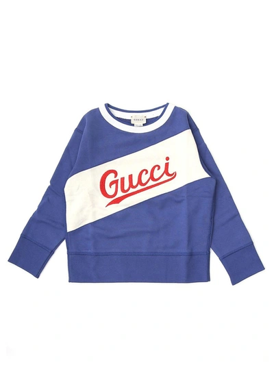Shop Gucci Kids Logo Printed Crewneck Sweatshirt In Blue