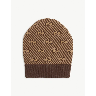 Shop Gucci Gg Supreme Branded Wool Beanie In Beige/brown