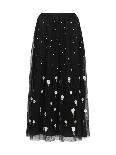 Shop Red Valentino Redvalentino Floral Embroidered Tulle Midi Skirt In Black