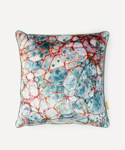 Shop Susi Bellamy Pietra Grigia Blu Marbled Velvet Square Cushion In Blue