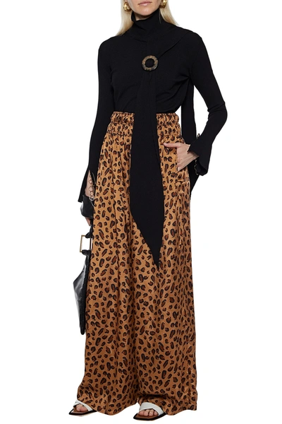 Shop Rosetta Getty Shirred Leopard-print Satin-twill Wide-leg Pants In Animal Print