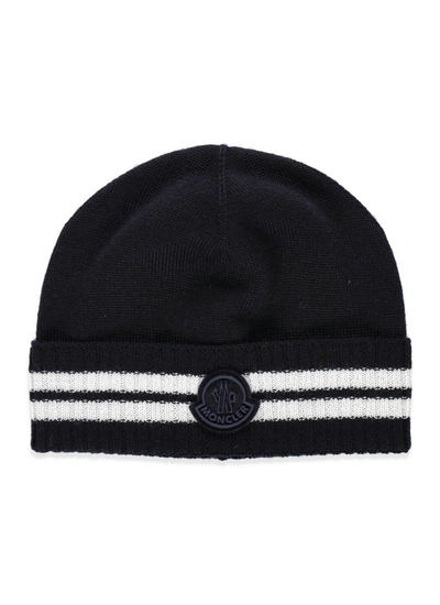 Shop Moncler Enfant Logo Patch Striped Beanie In Navy