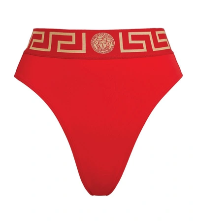 Shop Versace Greca High-waist Bikini Bottoms In Red