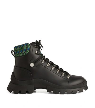 Shop Dsquared2 Leather Monogram Hiking Boots In Black