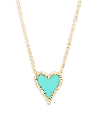 Shop Saks Fifth Avenue Women's Diamond, Turquoise And 14k Yellow Gold Heart Pendant Necklace