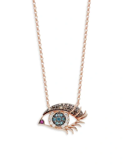 Effy Women's 14k Rose Gold White, Black & Blue Diamond & Ruby Eye Pendant Necklace In Black