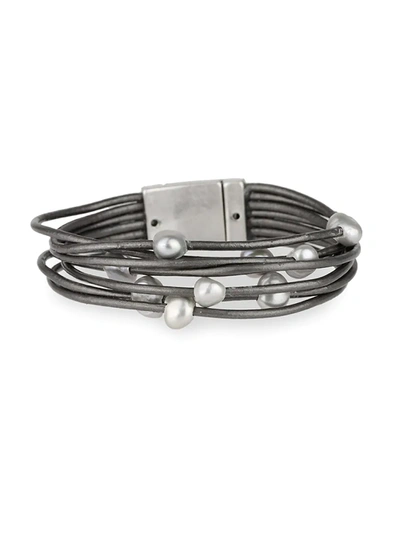 Shop Saachi Women's Freshwater Pearl Leather-strand Bracelet In Gray