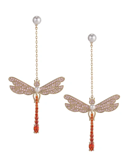 Eye Candy La 14k Plated Cz Dragonfly Drop Earrings In Neutral