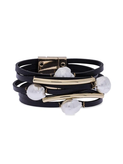 Shop Saachi Women's Goldplated, Leather & 13mm White Baroque Pearl Multi-strand Bracelet