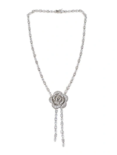 Shop Cz By Kenneth Jay Lane Women's Rhodium Plated & Crystal Flower Necklace In Neutral