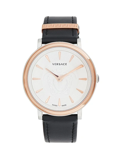 Shop Versace Women's Goldtone Stainless Steel & Leather-strap Watch In Sapphire