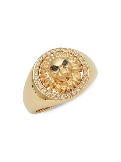 Shop Effy Men's 14k Yellow Gold, White & Black Diamond Lion Ring
