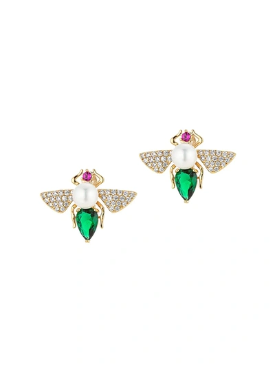 Shop Eye Candy La Women's Luxe Bee 18k Goldplated, Faux Pearl & Multicolored Crystal Stud Earrings In Neutral