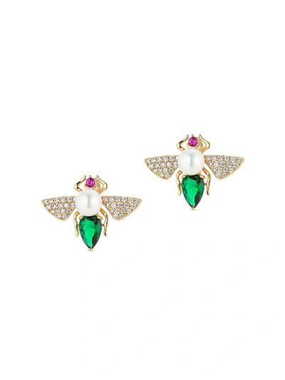 Eye Candy La Luxe Collection 14k Plated Cz Green Bee Studs In Neutral