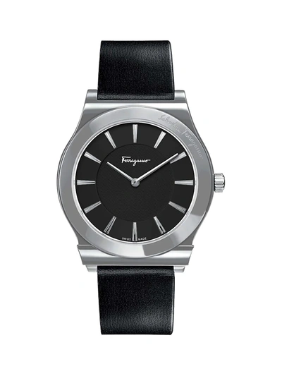 Shop Ferragamo Men's 1898 Slim Stainless Steel & Leather-strap 2-hand Watch In Black