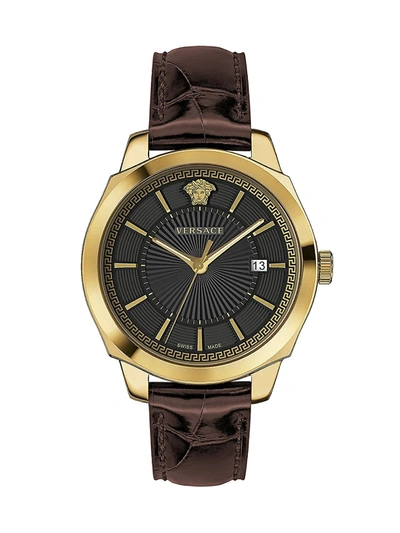 Shop Versace Men's Ion Classic Gent Goldtone Ip Stainless Steel & Croc-embossed Leather Strap Watch In Brown