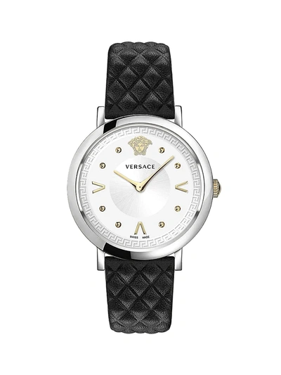 Shop Versace Women's Pop Chic Stainless Steel Leather-strap Watch In Black