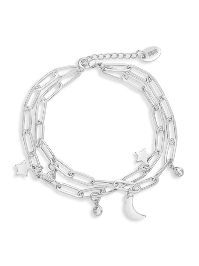 Shop Sterling Forever Women's Moon & Star Rhodium Plated & Crystal Multi-strand Bracelet In Neutral